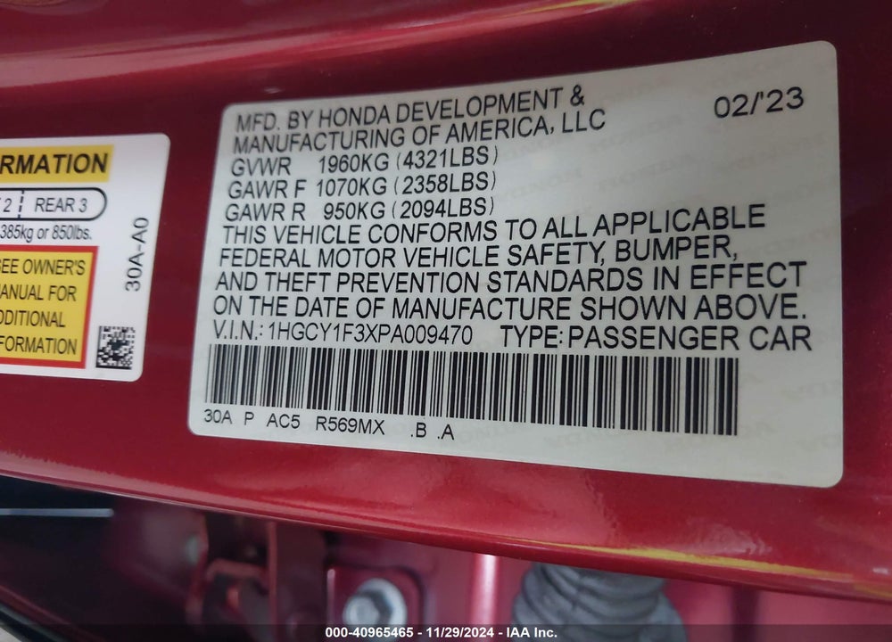 2023 HONDA ACCORD EX VIN: 1HGCY1F3XPA009470
