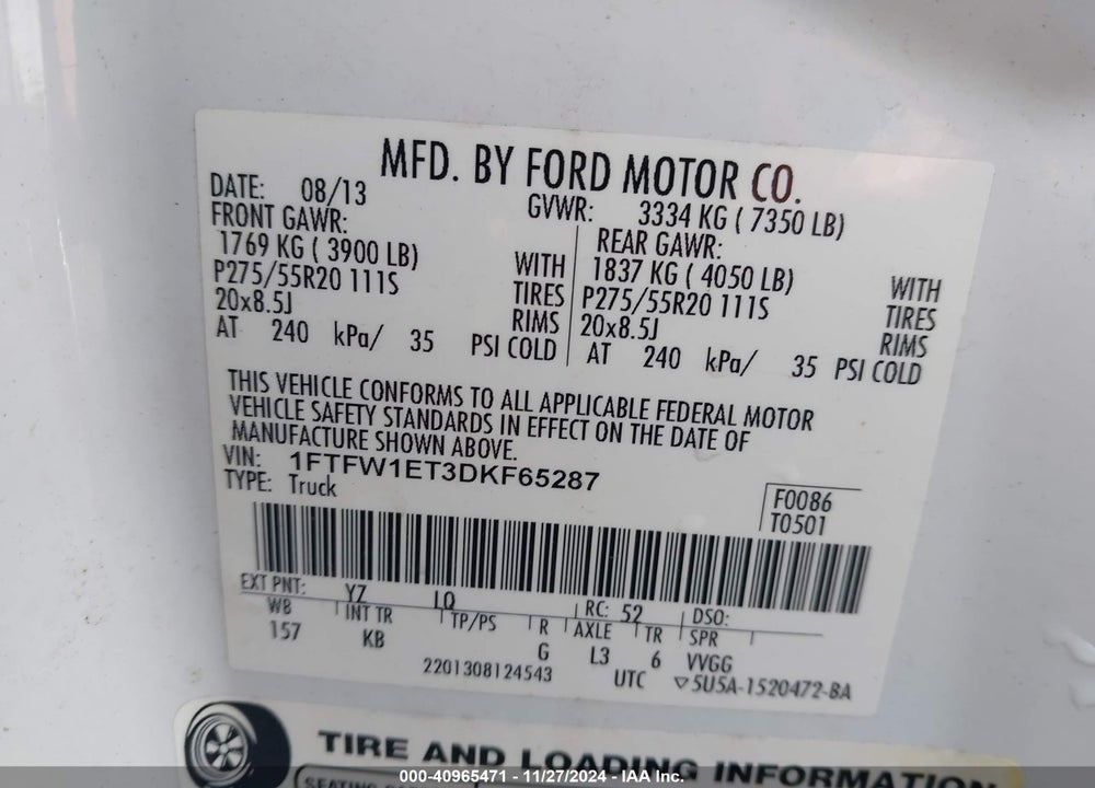 2013 FORD F-150 KING RANCH VIN: 1FTFW1ET3DKF65287