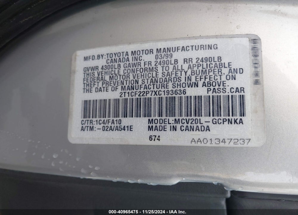 1999 TOYOTA CAMRY SOLARA SE V6 VIN: 2T1CF22P7XC193636