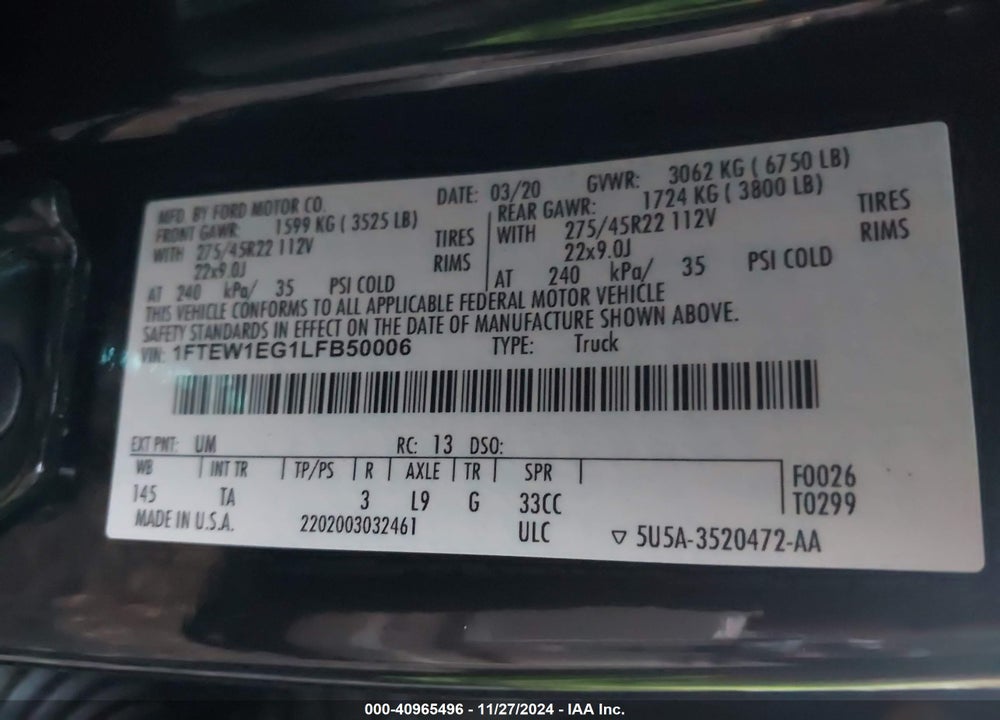 2020 FORD F150 SUPERCREW VIN: 1FTEW1EG1LFB50006