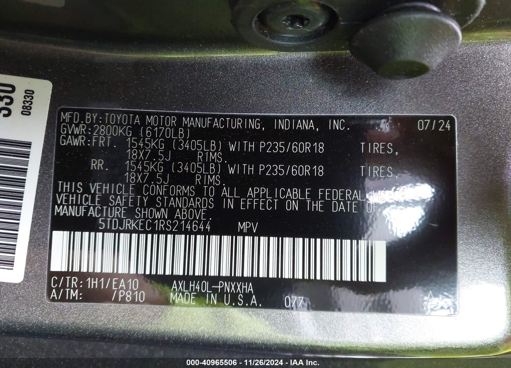 2024 TOYOTA SIENNA XLE VIN: 5TDJRKEC1RS214644