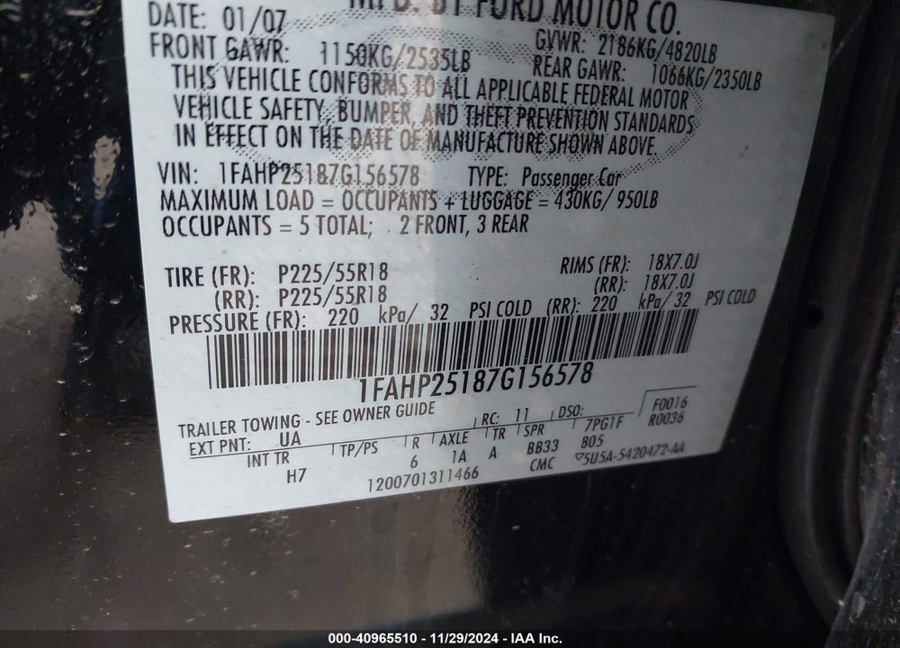 2007 FORD FIVE HUNDRED LIMITED VIN: 1FAHP25187G156578