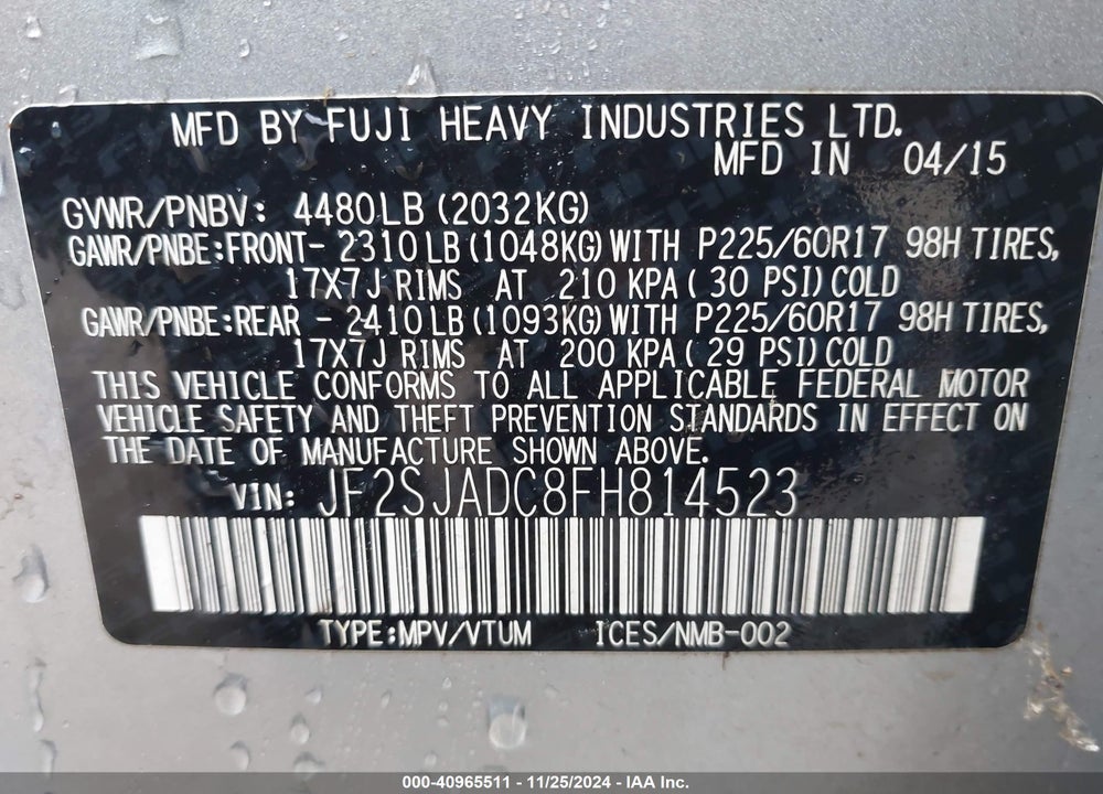 2015 SUBARU FORESTER 2.5I PREMIUM VIN: JF2SJADC8FH814523