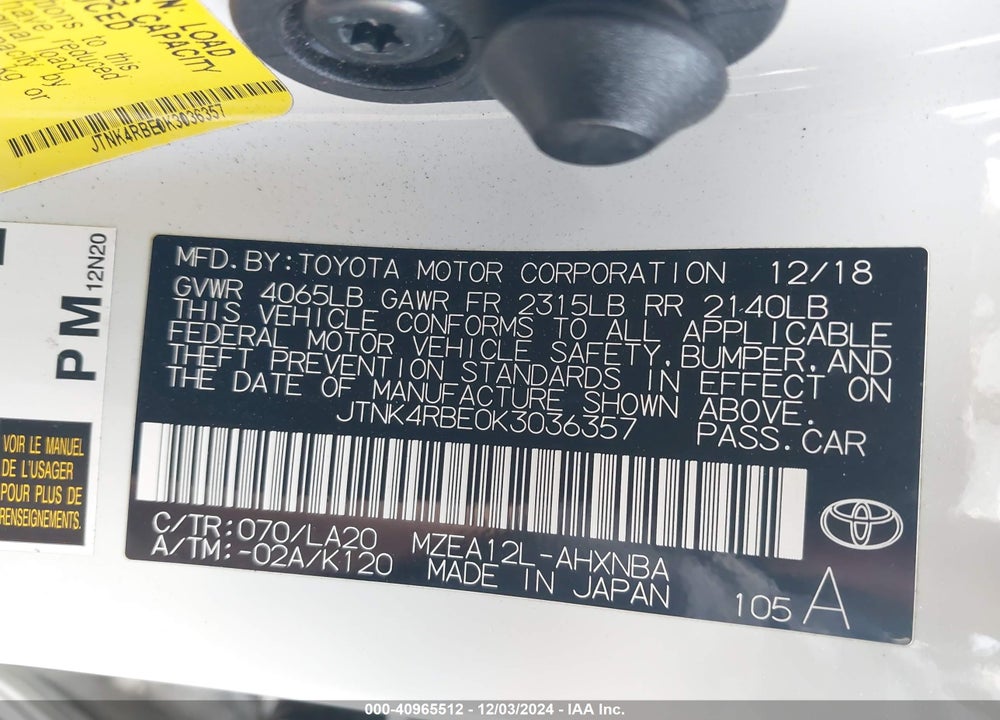 2019 TOYOTA COROLLA XSE VIN: JTNK4RBE0K3036357