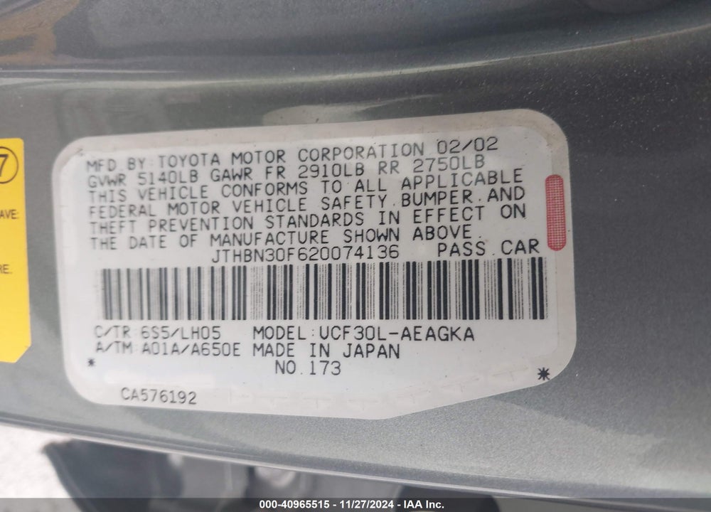 2002 LEXUS LS 430 VIN: JTHBN30F620074136