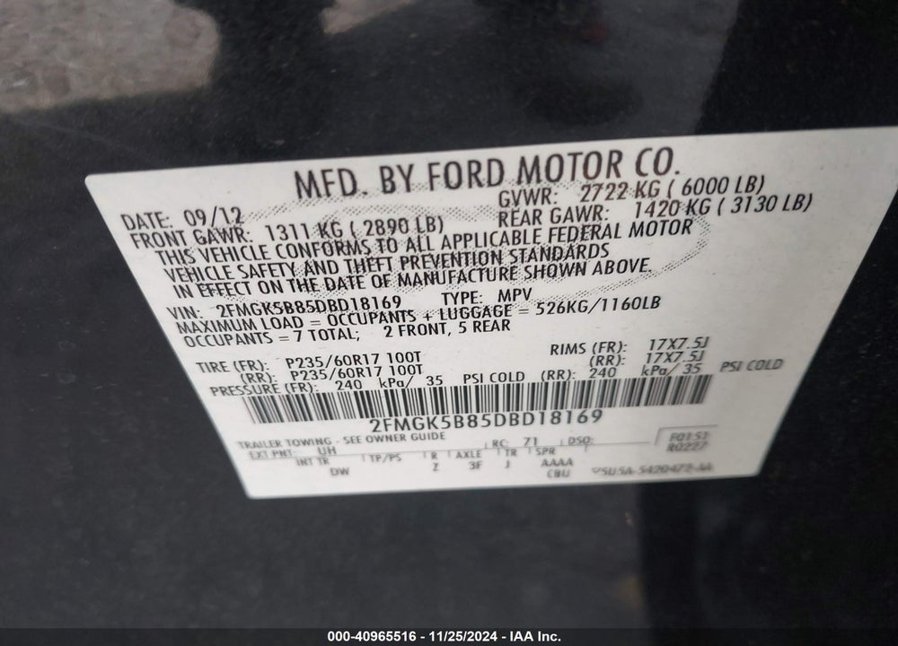 2013 FORD FLEX SE VIN: 2FMGK5B85DBD18169