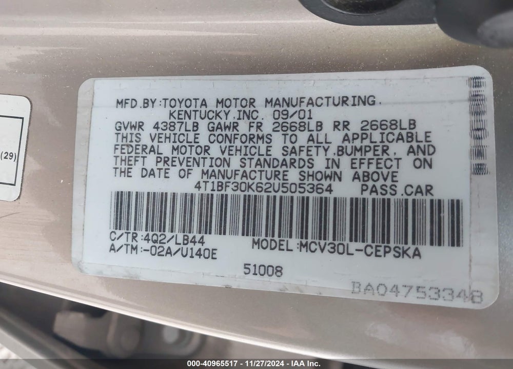 2002 TOYOTA CAMRY SE V6 VIN: 4T1BF30K62U505364