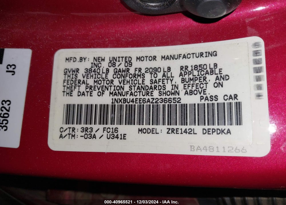 2010 TOYOTA COROLLA LE VIN: 1NXBU4EE6AZ236652