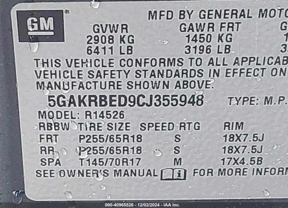 2012 BUICK ENCLAVE CONVENIENCE VIN: 5GAKRBED9CJ355948