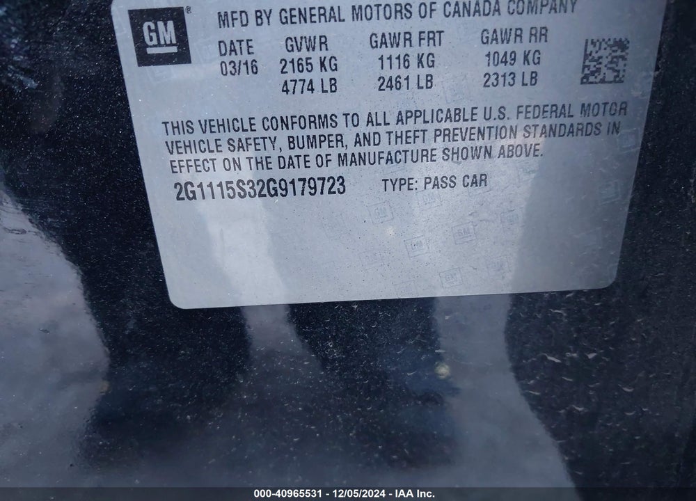 2016 CHEVROLET IMPALA VIN: 2G1115S32G9179723