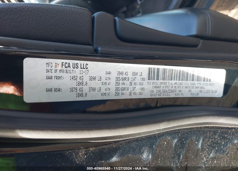 2018 JEEP GRAND CHEROKEE LIMITED 4X4 VIN: 1C4RJFBG4JC230674