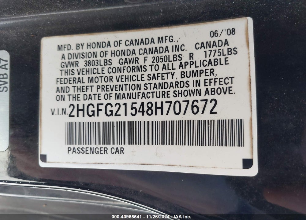 2008 HONDA CIVIC SI VIN: 2HGFG21548H707672