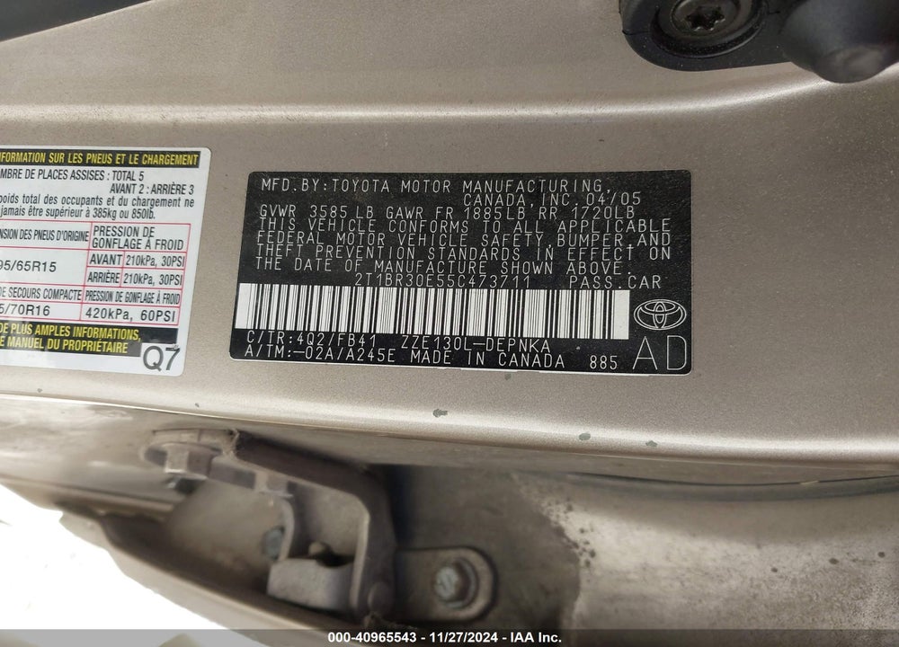 2005 TOYOTA COROLLA LE VIN: 2T1BR30E55C473711