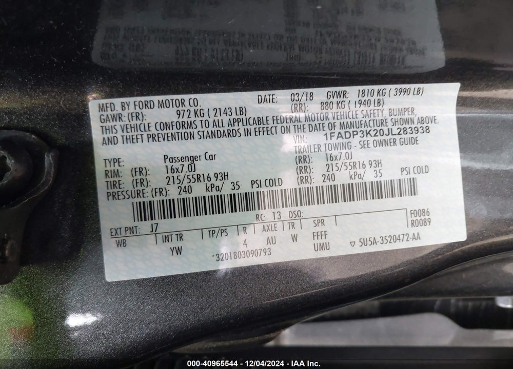 2018 FORD FOCUS SE VIN: 1FADP3K20JL283938