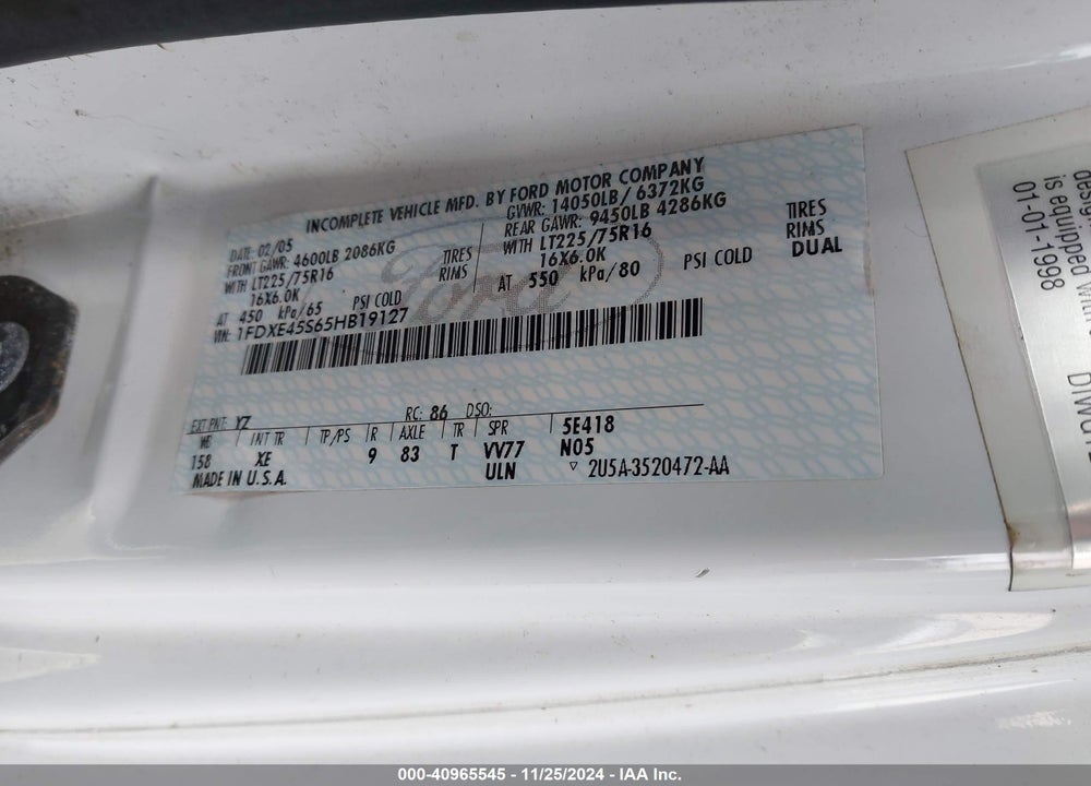 2005 FORD E-450 CUTAWAY STANDARD VIN: 1FDXE45S65HB19127