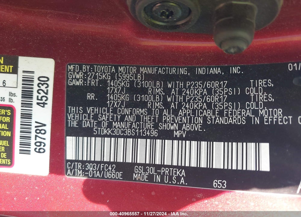 2011 TOYOTA SIENNA LE V6 VIN: 5TDKK3DC3BS113496