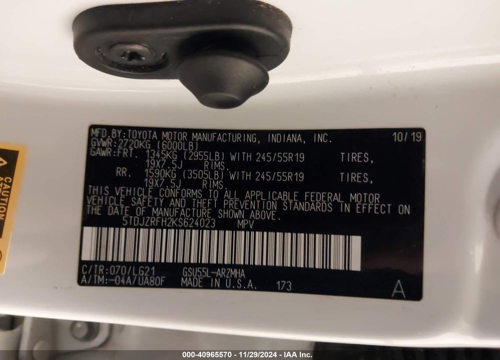 2019 TOYOTA HIGHLANDER SE VIN: 5TDJZRFH2KS624023
