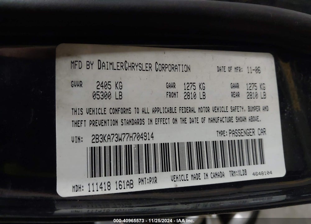 2007 DODGE CHARGER SRT8 VIN: 2B3KA73W77H704914