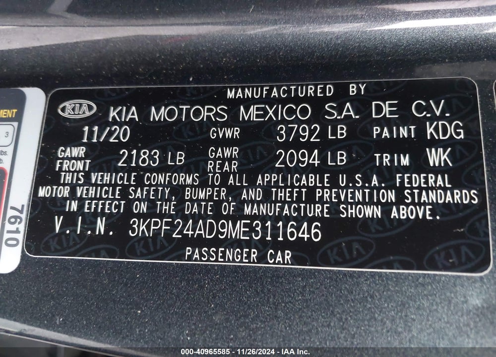 2021 KIA FORTE LXS VIN: 3KPF24AD9ME311646
