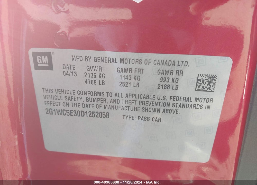 2013 CHEVROLET IMPALA VIN: 2G1WC5E30D1252058