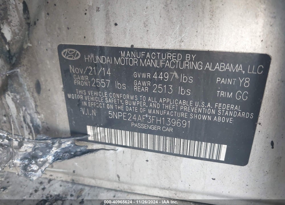 2015 HYUNDAI SONATA SE VIN: 5NPE24AF3FH139691