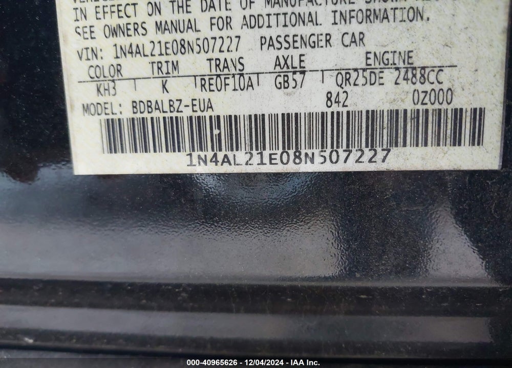 2008 NISSAN ALTIMA 2.5 S VIN: 1N4AL21E08N507227