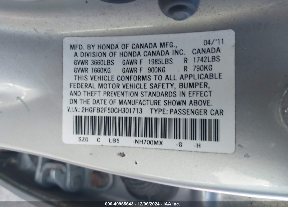 2012 HONDA CIVIC VIN: 2HGFB2F50CH301713