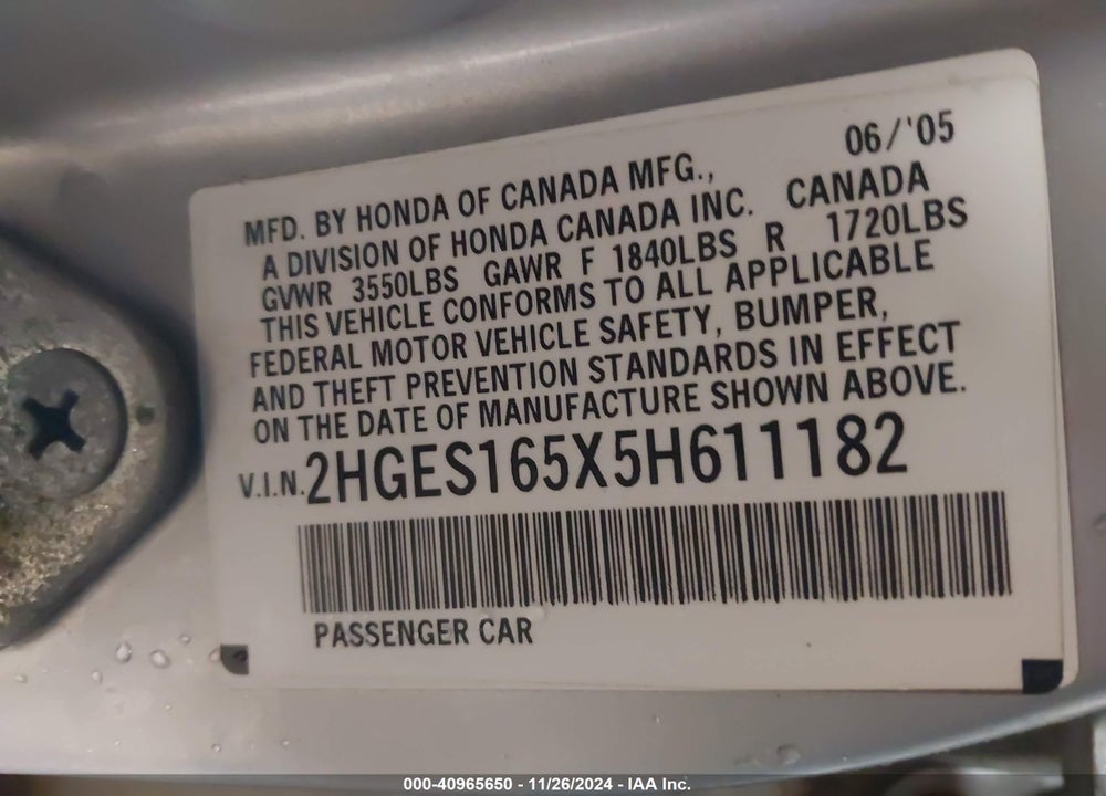 2005 HONDA CIVIC LX VIN: 2HGES165X5H611182