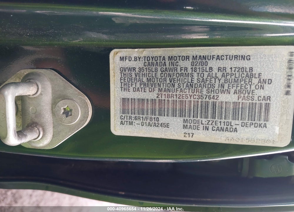 2000 TOYOTA COROLLA CE VIN: 2T1BR12E5YC357642