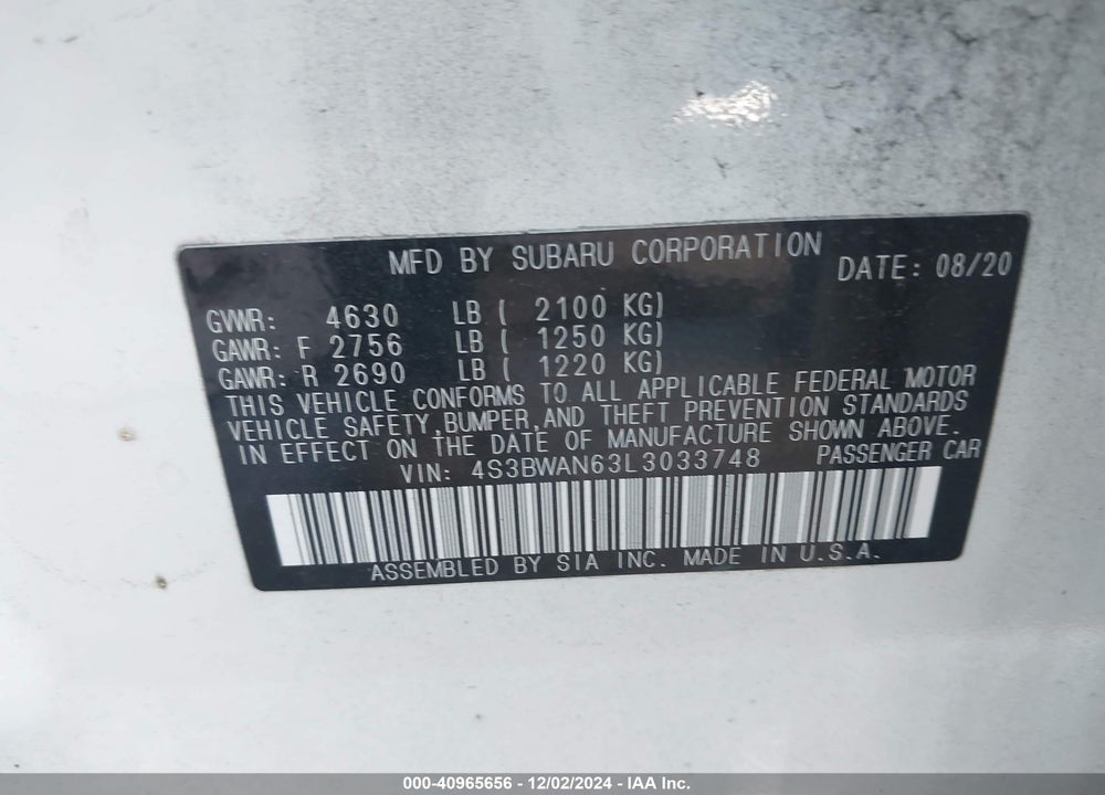 2020 SUBARU LEGACY VIN: 4S3BWAN63L3033748