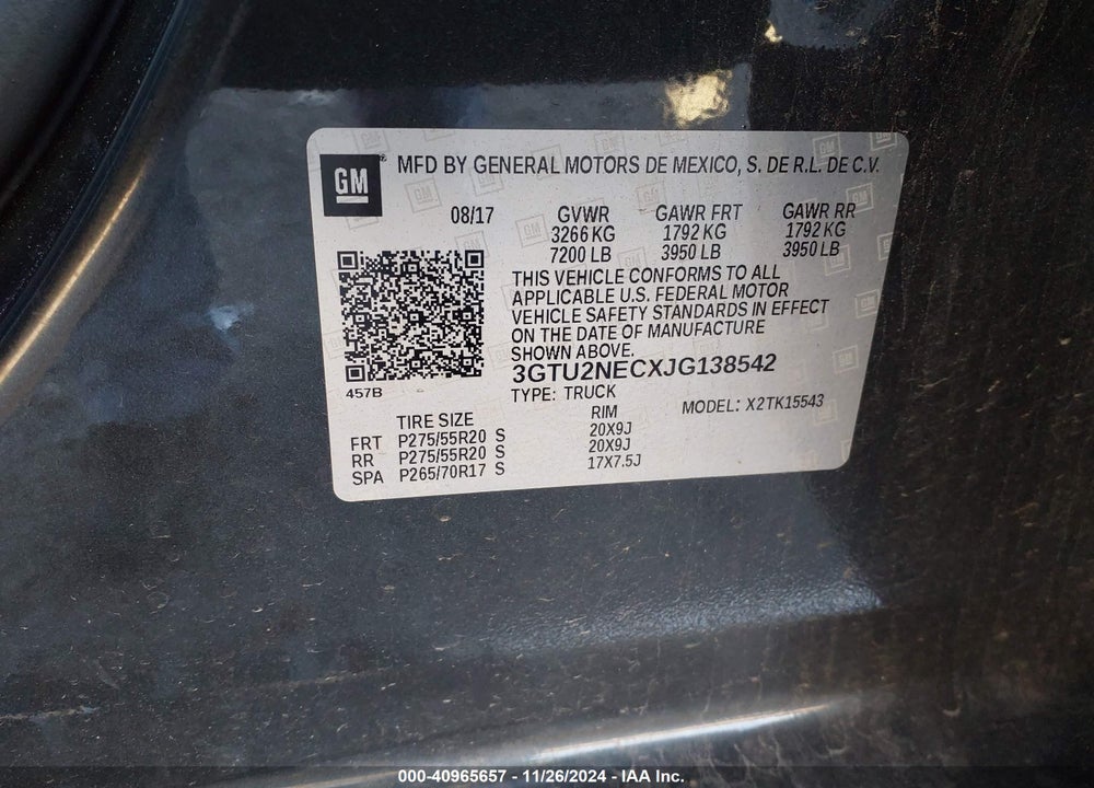 2018 GMC SIERRA 1500 VIN: 3GTU2NECXJG138542