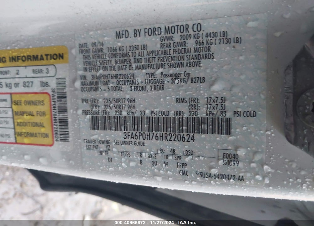 2017 FORD FUSION SE VIN: 3FA6P0H76HR220624