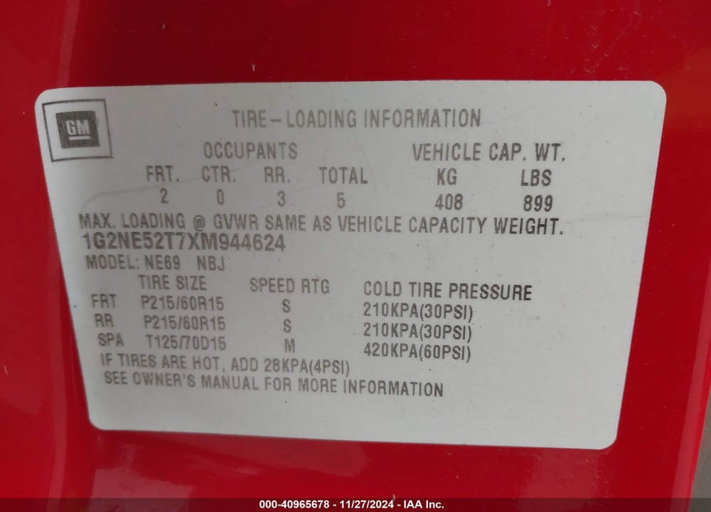 1999 PONTIAC GRAND AM SE VIN: 1G2NE52T7XM944624