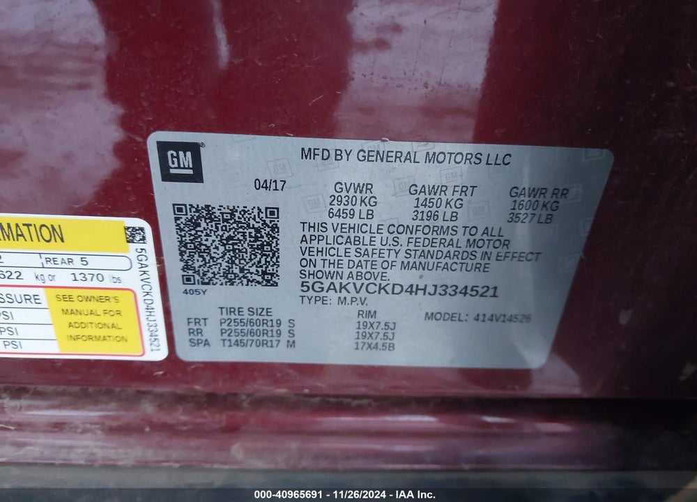 2017 BUICK ENCLAVE PREMIUM VIN: 5GAKVCKD4HJ334521