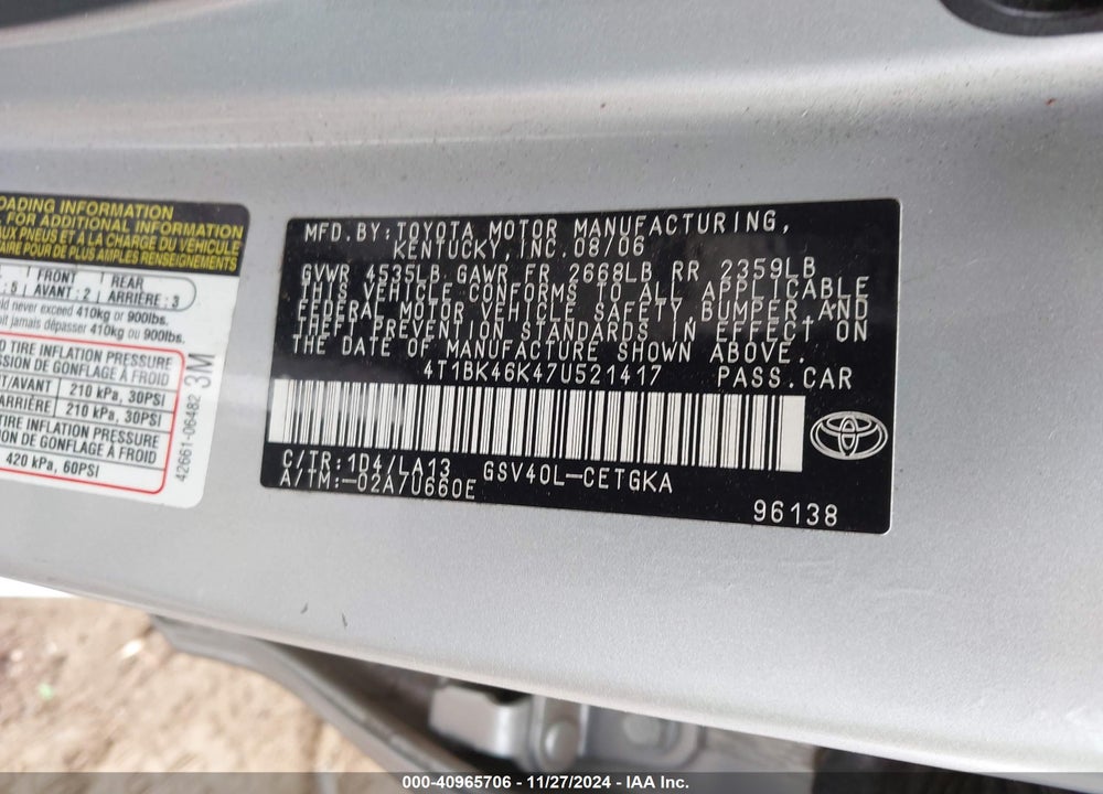 2007 TOYOTA CAMRY XLE V6 VIN: 4T1BK46K47U521417
