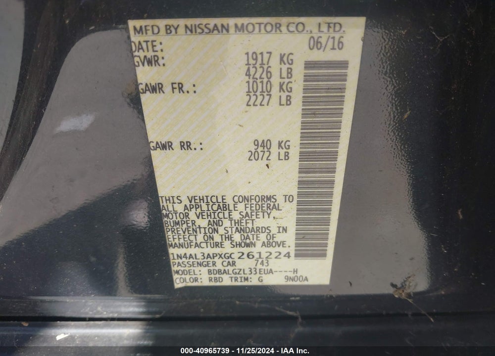 2016 NISSAN ALTIMA 2.5 S VIN: 1N4AL3APXGC261224