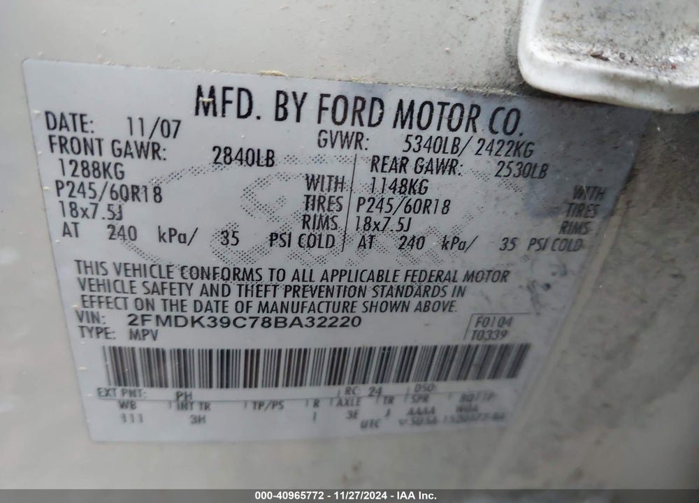 2008 FORD EDGE LIMITED VIN: 2FMDK39C78BA32220