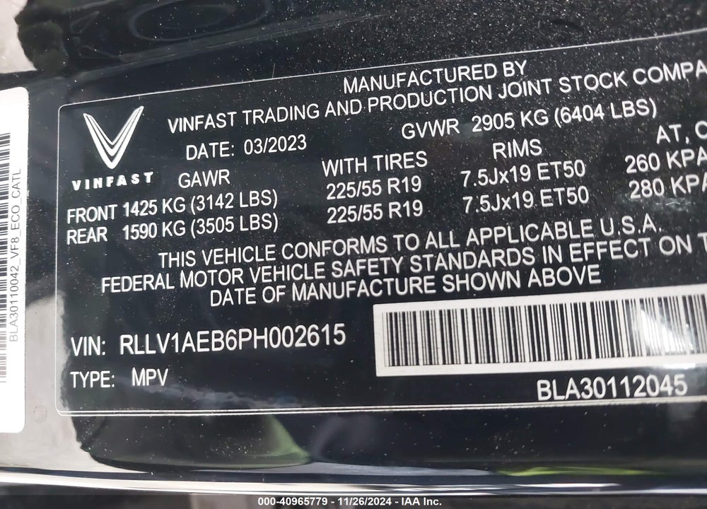 2023 VINFAST VF 8 ECO VIN: RLLV1AEB6PH002615