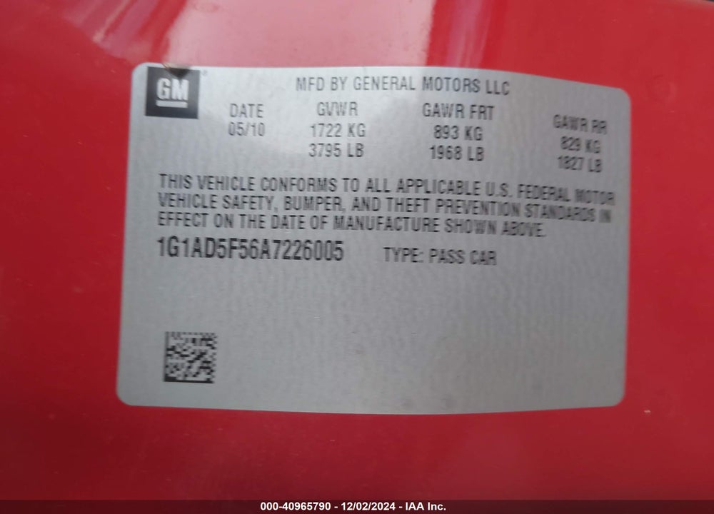 2010 CHEVROLET COBALT LT VIN: 1G1AD5F56A7226005