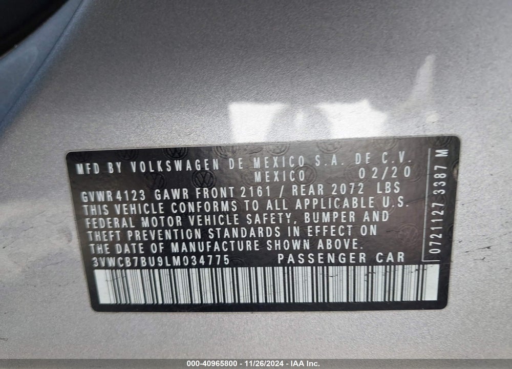 2020 VOLKSWAGEN JETTA 1.4T R-LINE/1.4T S/1.4T SE VIN: 3VWCB7BU9LM034775