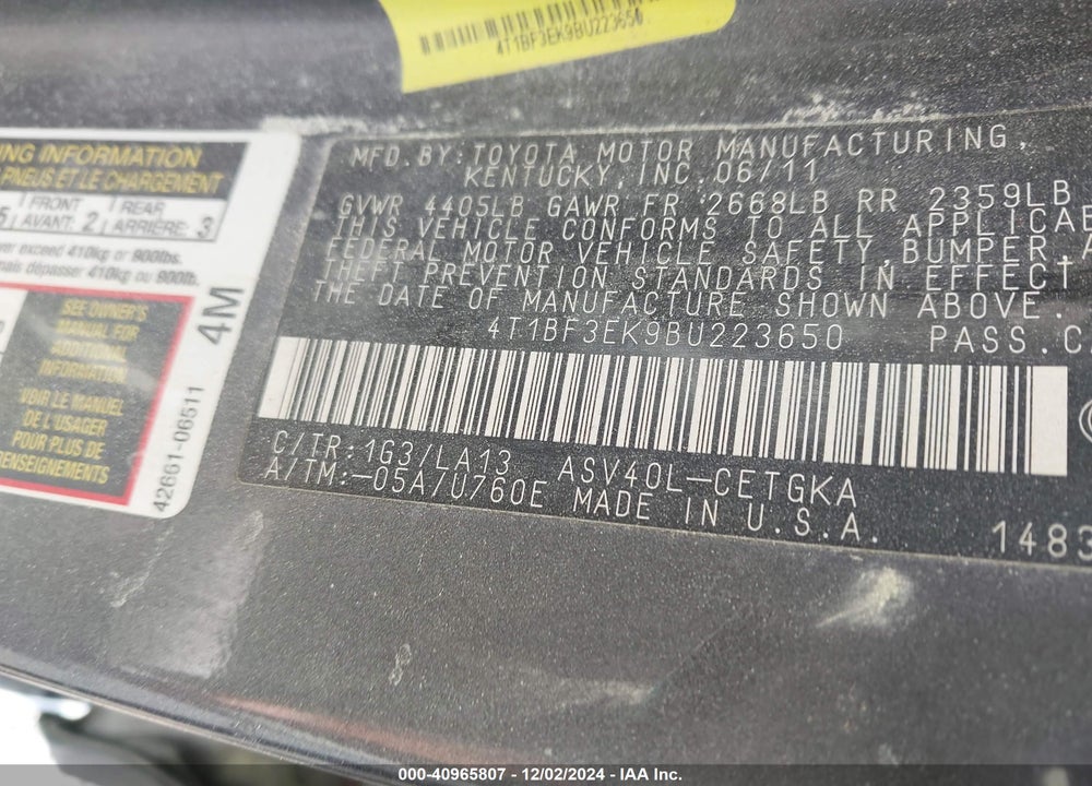 2011 TOYOTA CAMRY XLE VIN: 4T1BF3EK9BU223650