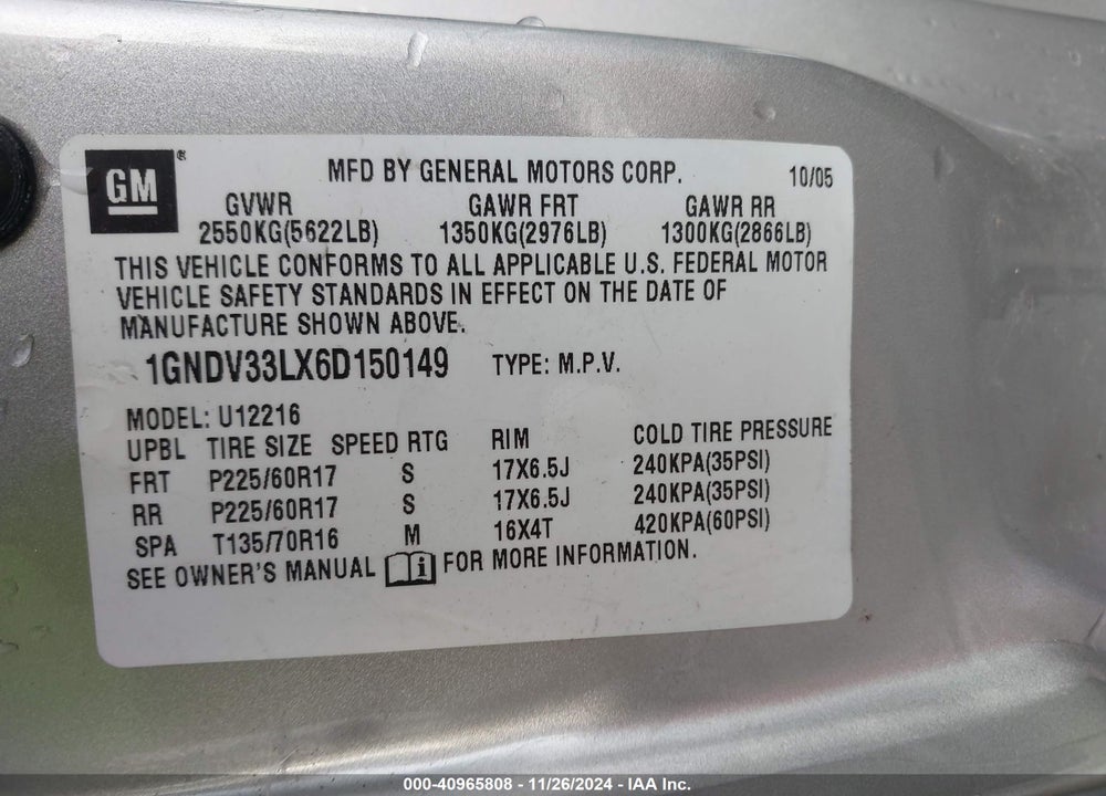 2006 CHEVROLET UPLANDER LT VIN: 1GNDV33LX6D150149