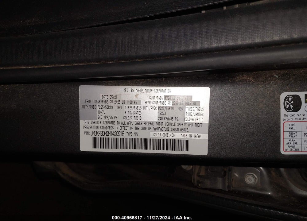 2021 MAZDA CX-5 GRAND TOURING VIN: JM3KFBDM2M1420916