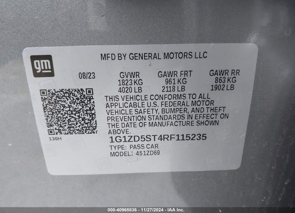2024 CHEVROLET MALIBU FWD 1LT VIN: 1G1ZD5ST4RF115235