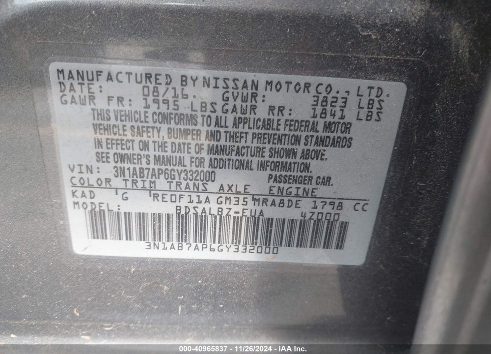 2016 NISSAN SENTRA S VIN: 3N1AB7AP6GY332000