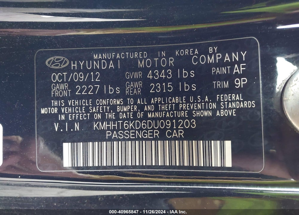 2013 HYUNDAI GENESIS 2.0T VIN: KMHHT6KD6DU091203