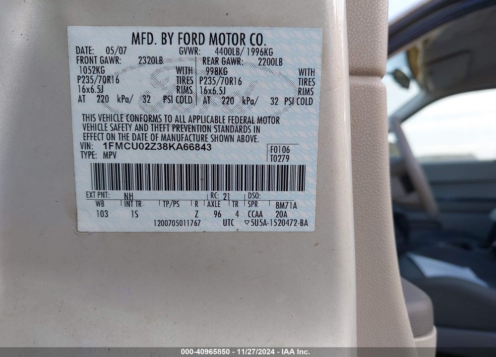 2008 FORD ESCAPE XLS/XLS MANUAL VIN: 1FMCU02Z38KA66843