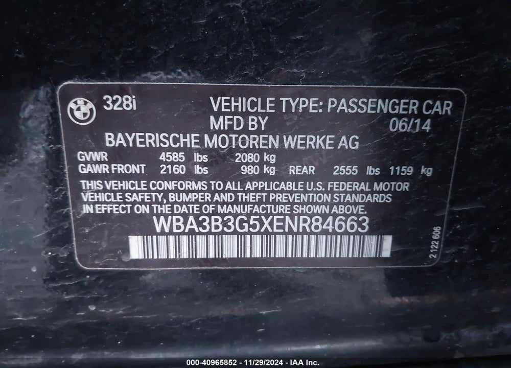 2014 BMW 328I XDRIVE VIN: WBA3B3G5XENR84663