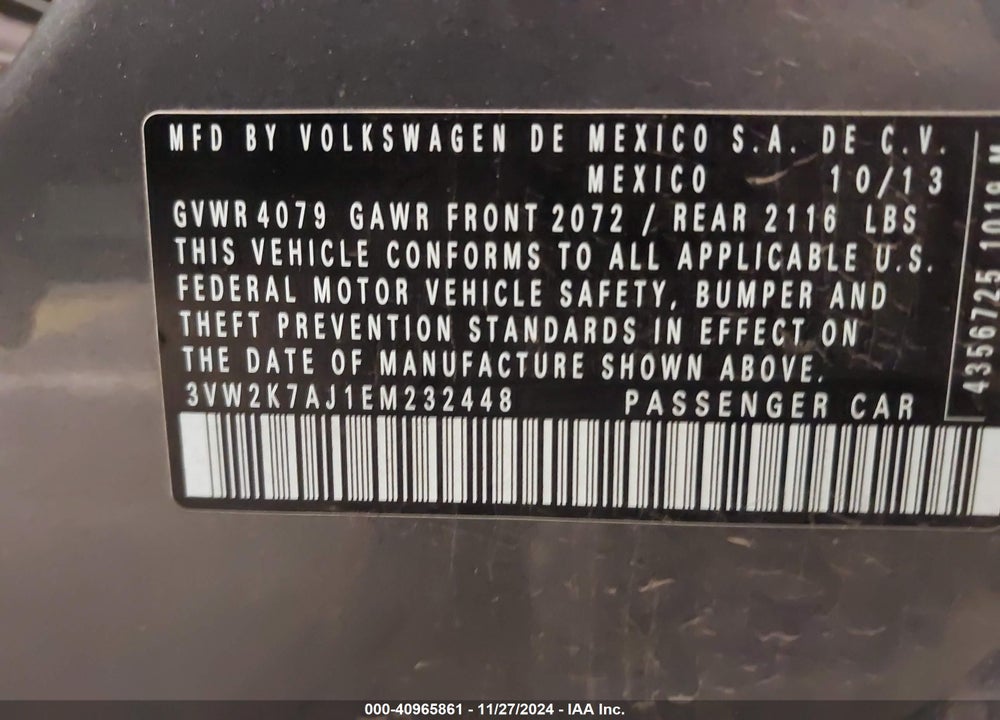 2014 VOLKSWAGEN JETTA VIN: 3VW2K7AJ1EM232448