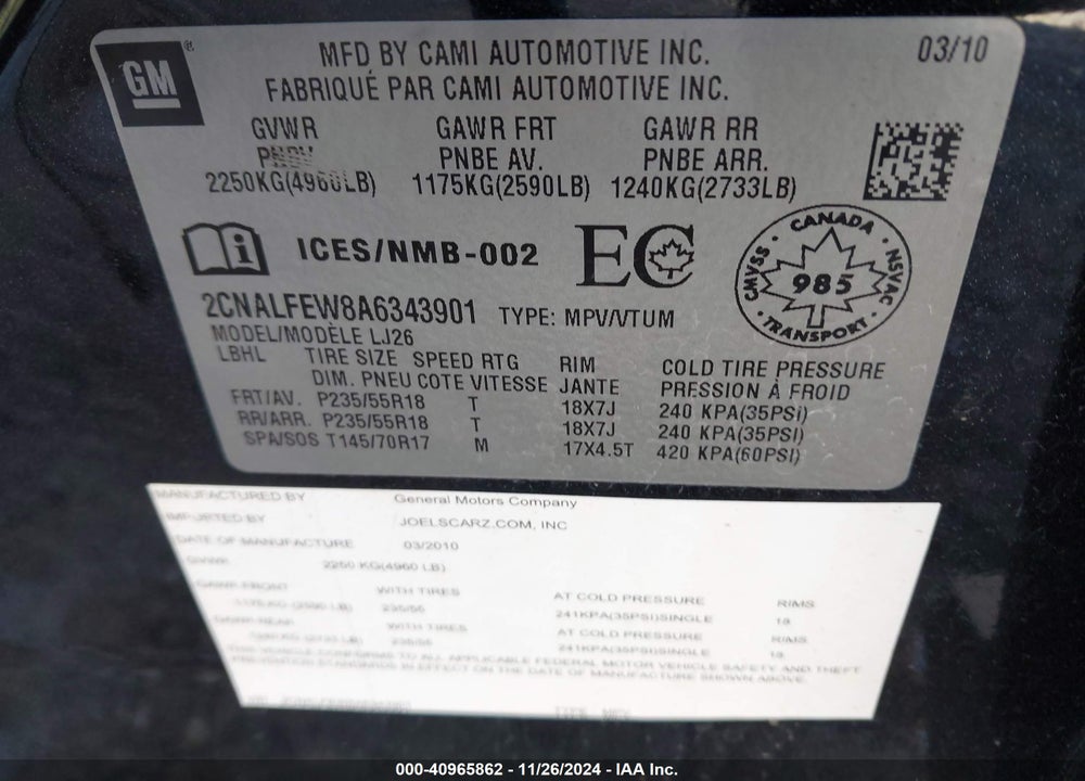 2010 CHEVROLET EQUINOX LTZ VIN: 2CNALFEW8A6343901
